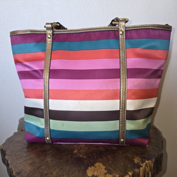 Coach Legacy Multicolor Stripe Sateen Tote Shoulder Bag F14009 Metallic Trim - Picture 14 of 16